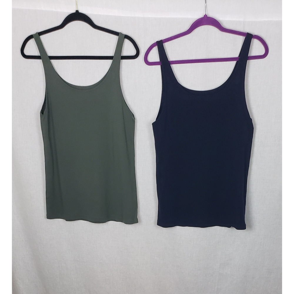 Eileen Fisher 100% Organic Cotton Ribbed Tank Top Set 2 Navy Olive XL Earthy